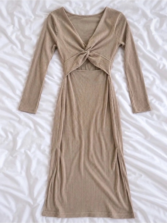 Dresses & Skirts - Taupe Ribbed Knit Cutout Twist Front Long Sleeve Midi Dress